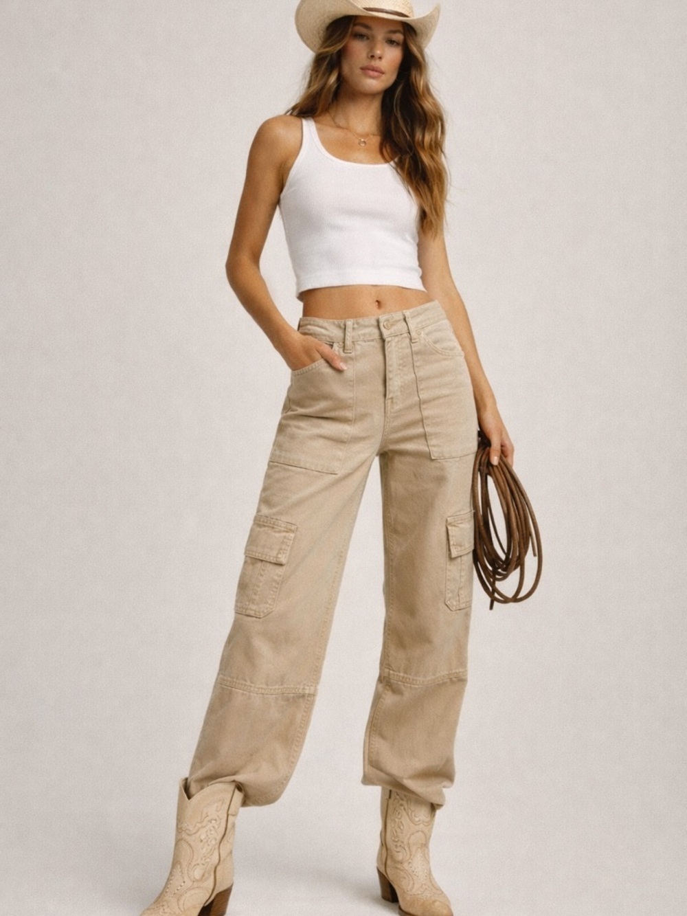 Rodeo Outfit Y2K Wide Leg Cargo Pants Beige Coastal Cowgirl Western Sz 2
